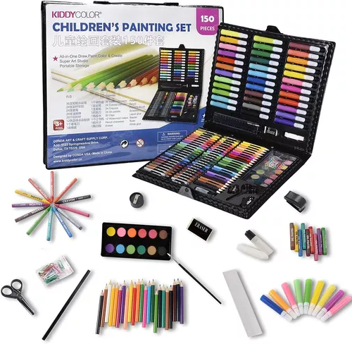 KIDDYCOLOR Kit de arte de madera para niños de 150 piezas, juego de dibujo  y pintura de lujo, estuche portátil con pasteles al óleo, crayones, lápices