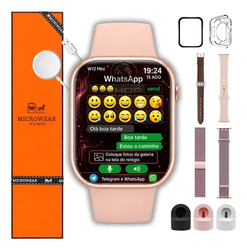 Relógio Smartwatch W12 Mini 42mm Amoled Gps Nfc Whatsap 2027 Dourado Rose