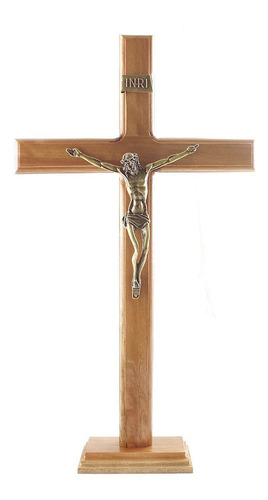 Imagem 1 de 4 de Crucifixo Para Parede Ou Mesa Madeira Imagem Metal 40cm