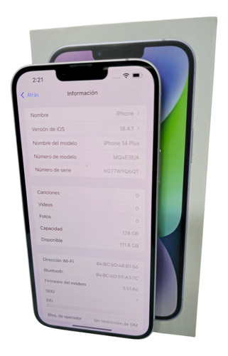 Apple Iphone 14 Plus Morado/lila 128gb Pila 85 Con Caja Lila (Usado)