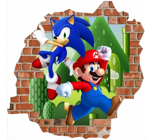 Oferta Vinilo Efecto 3d Pared Rota Mario Y Sonico  50cmx50cm