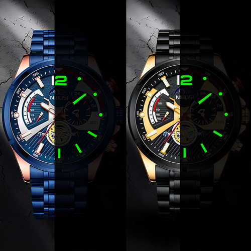 Reloj Cronógrafo De Cuarzo Nibosi Moon Phase Color Del Fondo Negro/verde