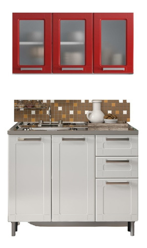 Imagen 1 de 10 de Cocina Integral 1,05 Blanco Y Rojo 6 Puertas 2 Cajones