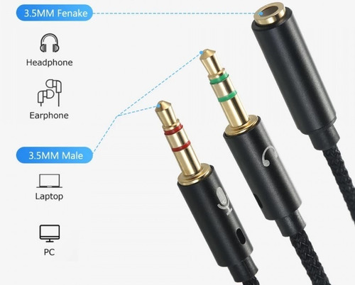 Adaptador Audio Micrófono 2 Aux Macho A 1 Aux Hembra 3.5mm