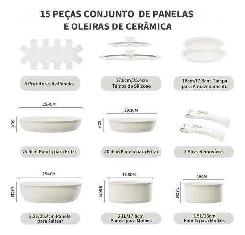 Conjunto de Panelas Musicross Cerâmica Antiaderente com 15 Peças