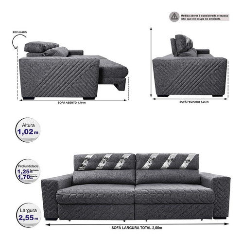 Sofá Retrátil 2,55m Cama Inbox Silver Style Thermo Gel Linho Cor Cinza-escuro