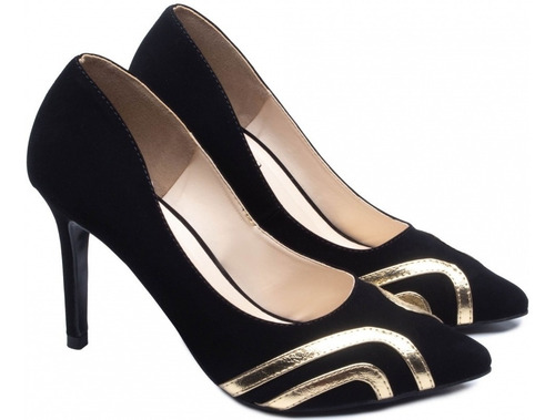 Imagem 6 de 6 de Scarpin Sapato Fechado Salto Fino Preto Com Filete Dourado