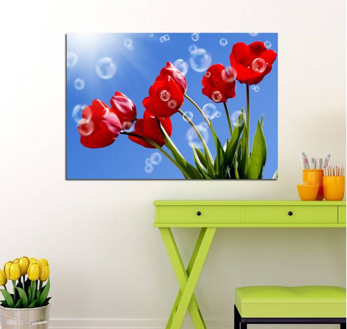 Cuadro 60x90cm Tulipanes Rojos Sol Burbujas Vida Flores