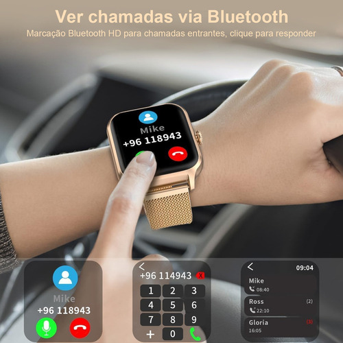 Relógio inteligente Mertto com tela HD de 1,83 polegadas, IP67 à prova d'água, esportivo, dourado, com Bluetooth, chamadas, calculadora, jogo e assistente de voz.