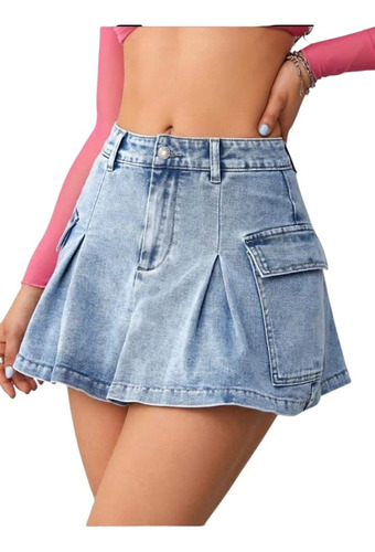 Falda De Mezclilla Con Bolsa De Cargo Corte A, Falda Mujer