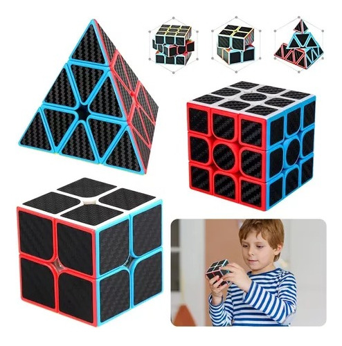 Paquete 3 Cubos Rubik 2x2 3x3 Pyramid Z Cobra Fibra Carbono