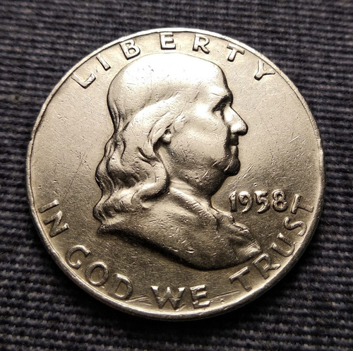 Moneda Medio Dólar Plata 1958. Ley 0.900 Benjamin Franklin 