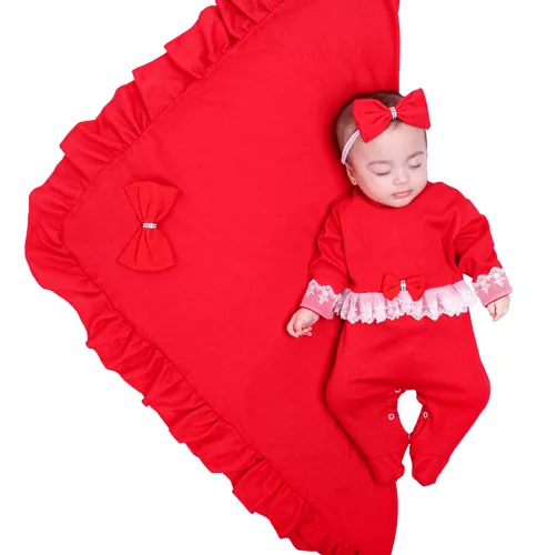 Saída Maternidade Bebê Menina 3 Peças Vermelha Luxo 100%