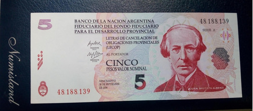 Billete Bono Provincial 5 Lecops. Col 203. Olivera - Arlia.