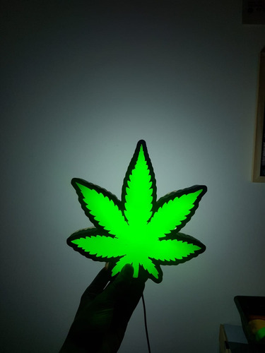Cartel Cuadro Luminoso Led Marihuana Cannabis Hoja Grow Shop Negro