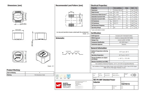 2 Peças Indutor De Potência 15uh 5a Dcr=27mohms Pn744770115