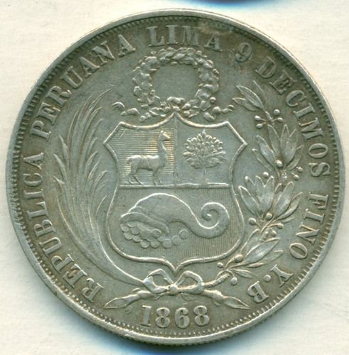 Perú Moneda De Plata Tamaño Corona Sol 1868/58 Y.b # 196.1