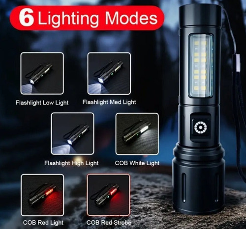 Linterna Led De Mano Recargable Usb Con Baliza Táctica Zoom