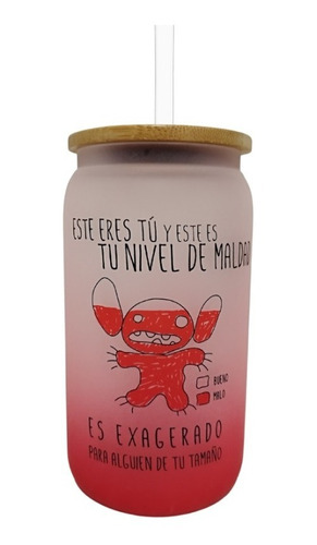 Vaso Stitch Nivel De Maldad Cristal Satinado Rojo Con Popote