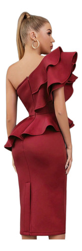 Vestido Midi Drapeado Hombro Descubierto Elegante Peplum