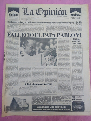 Diario La Opinión Muerte Papa Pablo Vi Del 7/8/78