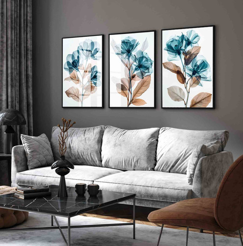 Kit 3 Quadros Decorativos Flor Azul Sala Moderna Com Vidro