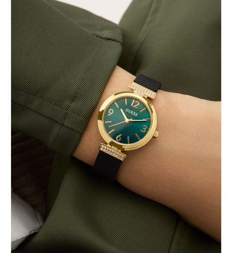 Reloj Guess Mujer Verde Array Correa Negro Bisel Dorado