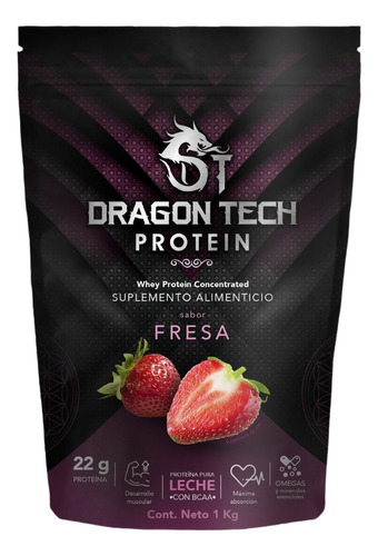 Dragon Tech Suplemento, Proteina Concentrada Whey 1kg Sabor Fresa