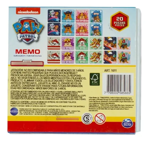 Paw Patrol Juego De Memoria Niños Aprendizaje 20 Tarjetas