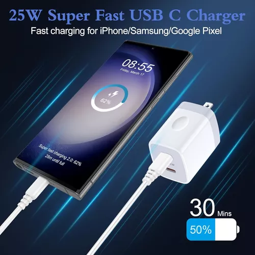 Cargador USB de doble puerto compatible con Google Pixel 8 Pro, 7a, 7 Pro,  6a, 6 Pro; enchufe de pared USB C de 20 W y cable de carga USB C a C de 6