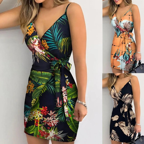 Vestido Cruzado Con Cordones Estampado Con Cuello En V