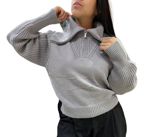 Sweater Con Cierre Cuello Largo Camisa 