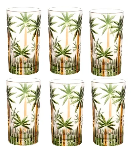 CONJUNTO DE 6 COPOS ALTO DE CRISTAL WOLFF 360ML MESA POSTA COR TRANSPARENTE ESTAMPADO EM VERDE E MARROM