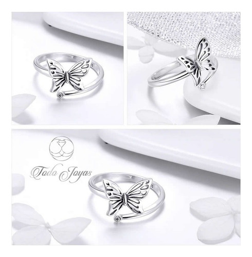 T Anillo Plata Fina Mariposa Y Circon Ajustable/ Todojoyas
