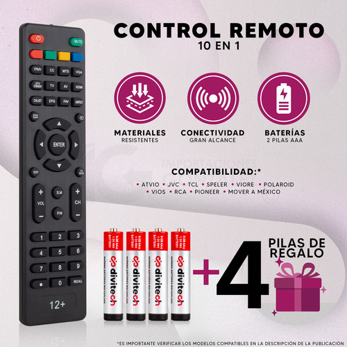 Control Remoto 10 En 1 Compatible Con Pantallas Speler Polaroid Atvio Rca Vios Tkl Viore Spled22f Incluye 4 Pilas Divitech® Aaa