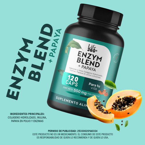 Suplemento Con Enzimas Digestivas Life360+ 120 Cápsulas Bromelina Papaína