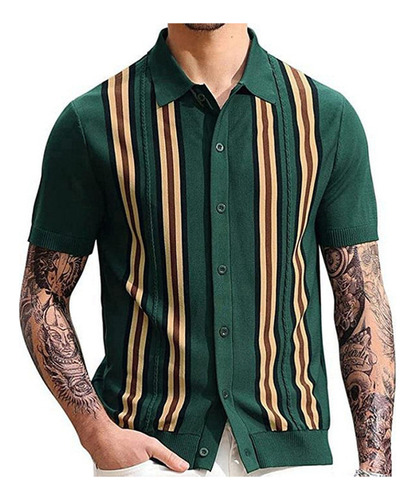 Camiseta De Polo De Punto Con Botones A Rayas Para Hombres