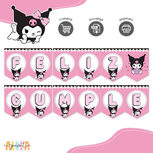 Kit Imprimible Banderín Feliz Cumple Kuromi #1 Rosa