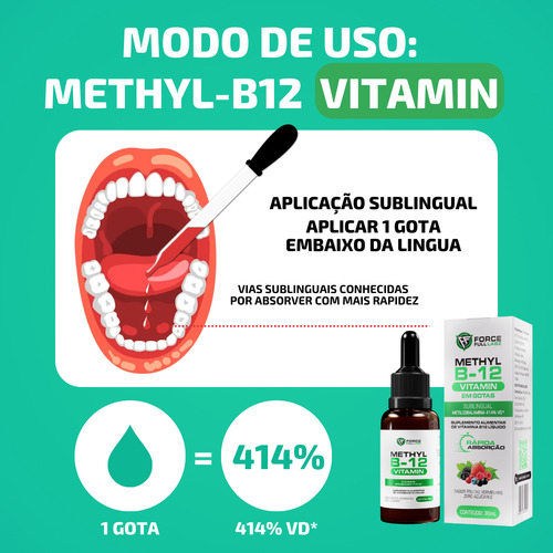 Kit 2x Vitamina B12 Metilcobalamina Sublingual Liquida Em Gotas 414% Vd 100% Pura Vegan 30ml - Force Full Labz