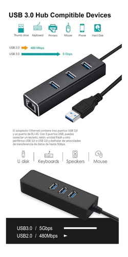 Adaptador Usb 3.0 Hub A Rj45 Ethernet Con 3 Puertos Usb 3.0