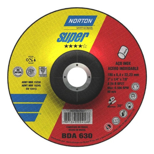 Disco de desbaste Norton Bda630 de acero inoxidable 7 x 1/4 x 7/8 - 180 x 6.4