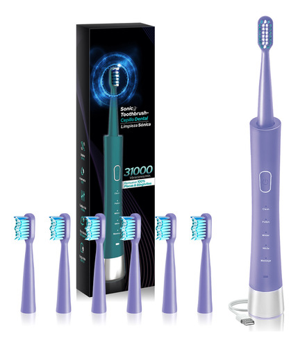 Cepillo de dientes eléctrico recargable,Cepillo de dientes eléctrico con diseño intergrado cable de USB,con 6cabezales de repuesto,Cepillo de dientes eléctrico de limpieza y blanqueamiento inteligente