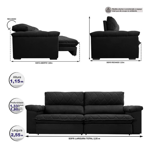 Sofá Retrátil Reclinável 2,55m Cama Inbox Big Home. Velusoft Cor Preto