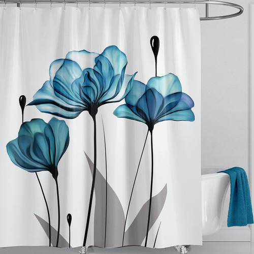 Cortina Ducha Tela Azul Floral Para Baño Impermeabl Secado