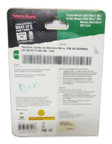 Cartao De Memoria M2 1gb Sandisk Stick Micro Sdmsm2 Nota Fis