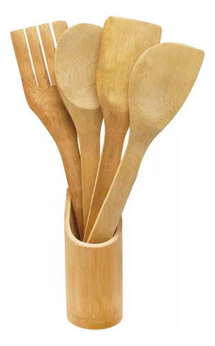 Set X4 Juego De Utensilios Con Porta Cubiertos Bambú Cocina 