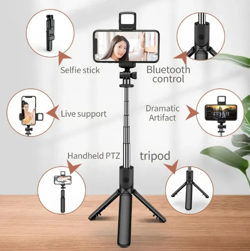 Palo Selfie Bluetooth + Trípode 2 En 1 Alto 170 Cm Con Luz Negro