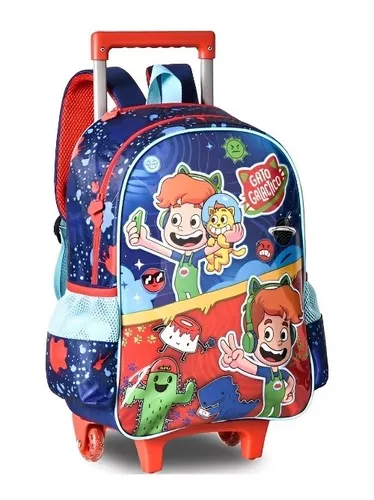 Mochila de Rodinhas Escolar Infantil Gato Galáctico Desenhos Colorir - Azul