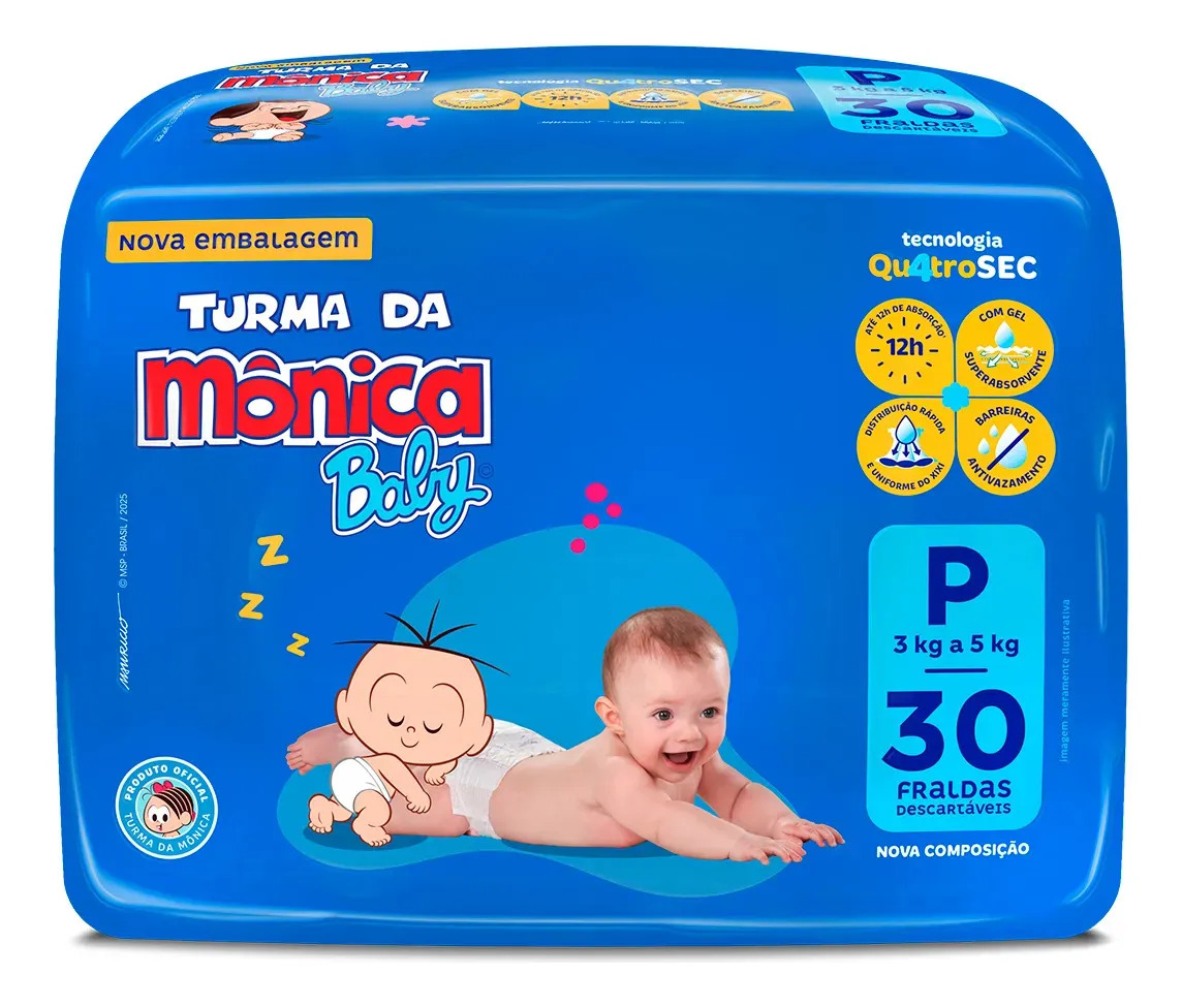 Fralda Descartável Turma da Mônica Baby P Pacote 30 Unidades