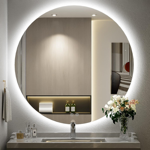 Espejo Redondo Con Luz Led Táctil 60x60cm Baño Cuarto Sala Marco Blanco